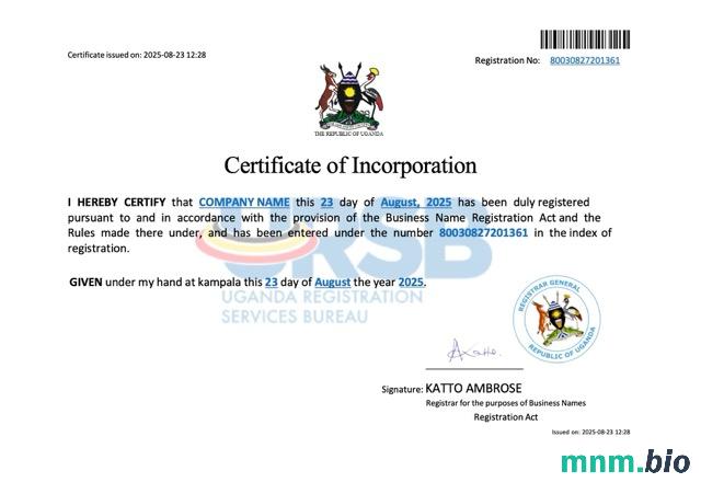 Uganda szablon Word i PDF zaświadczenia o założeniu spółki